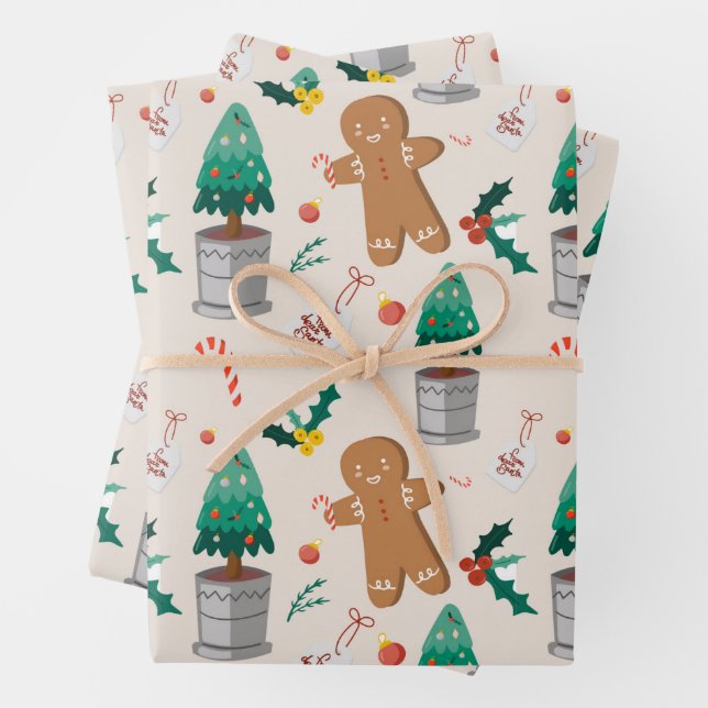 Cute Gingerbread Man Candy Cane Christmas Wrapping Paper Sheets (In situ)