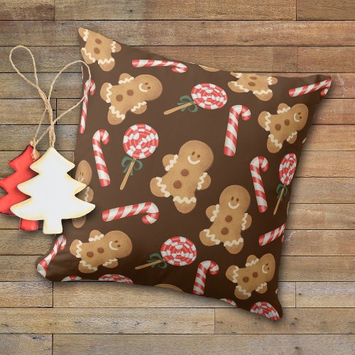 Cute Gingerbread Man Candy Canes Holiday Pattern Throw Pillow