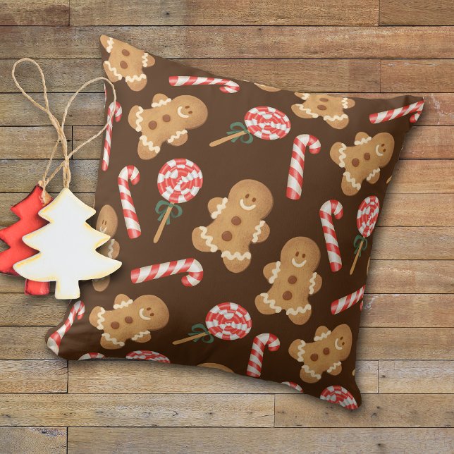 Cute Gingerbread Man Candy Canes Holiday Pattern Throw Pillow (Creator Uploaded)