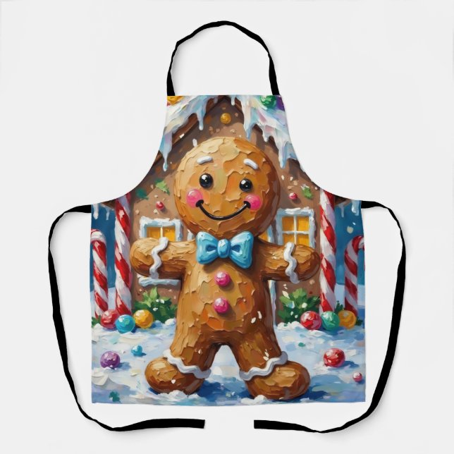 Cute Gingerbread Man Cheerful Christmas Cookie Art Apron (Front)