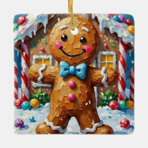 Cute Gingerbread Man Cheerful Christmas Cookie Art Ceramic Ornament