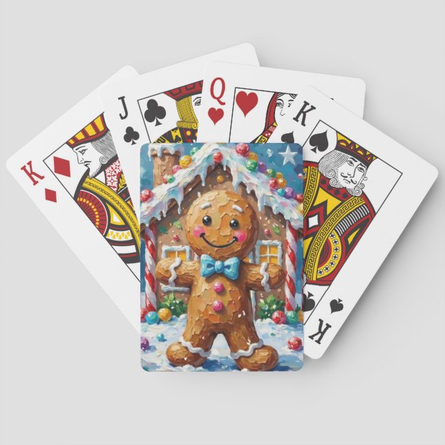 Cute Gingerbread Man Cheerful Christmas Cookie Art Poker Cards (Back)