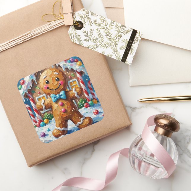 Cute Gingerbread Man Cheerful Christmas Cookie Art Square Sticker (Gifting)