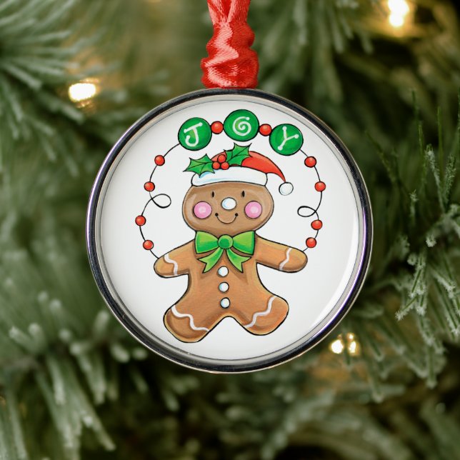 Cute Gingerbread man, Christmas Cookie Joy Metal Ornament (Tree)