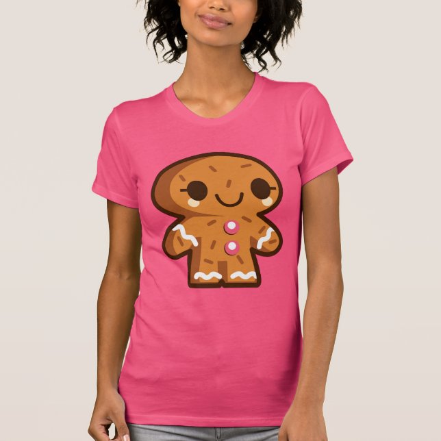 Cute Gingerbread Man Christmas Fuscia Ladies Shirt (Front)