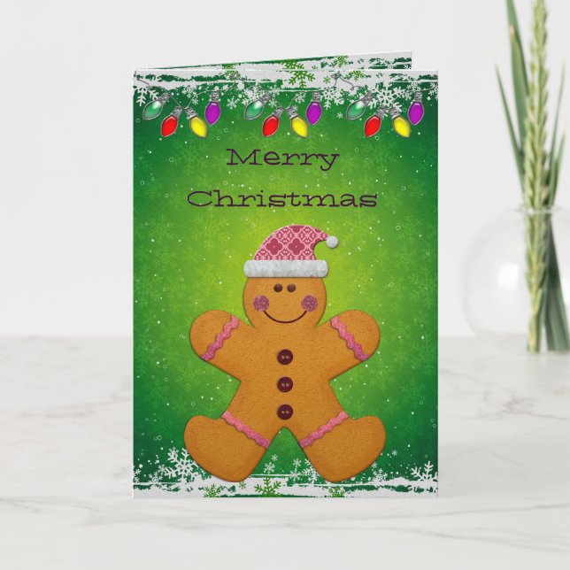 Cute Gingerbread Man & Christmas Lights Card (Front)