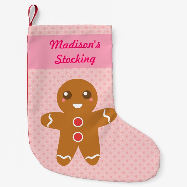 Cute Gingerbread Man Christmas Personalized Pink Small Christmas Stocking (Front)