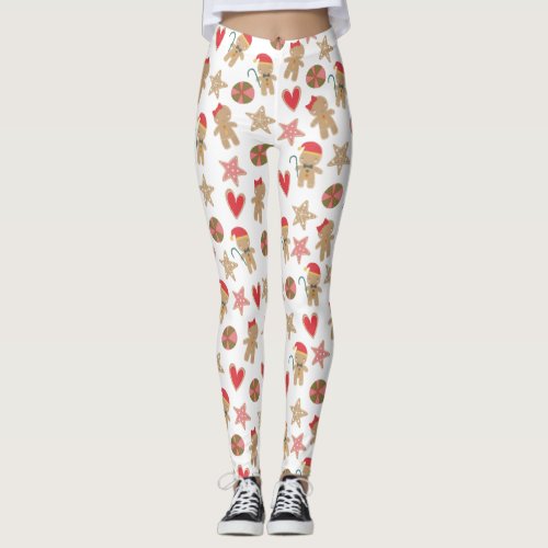 Cute Gingerbread Man Cookie Hearts Stars on White  Leggings