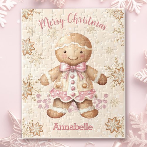 Cute Gingerbread Man Girl Pink Name Christmas Jigsaw Puzzle