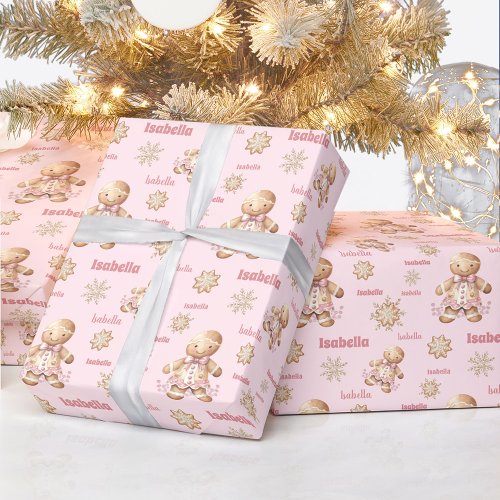 Cute Gingerbread Man Girl Pink Name Christmas Wrapping Paper