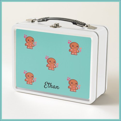 Cute Gingerbread Man Heart and Flowers Metal Lunch Box