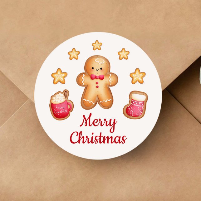 Cute Gingerbread Man Merry Christmas Classic Round Sticker (Cute Gingerbread Man Merry Christmas Classic Round Sticker)