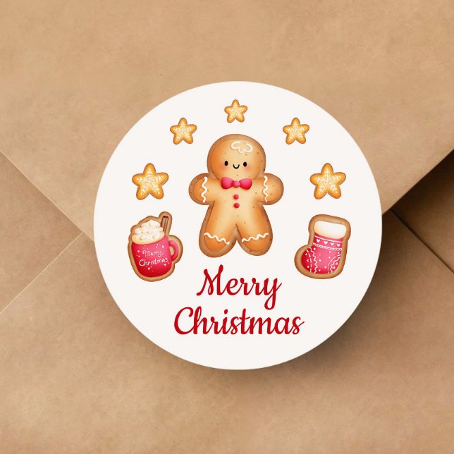 Cute Gingerbread Man Merry Christmas Classic Round Sticker (Cute Gingerbread Man Merry Christmas Classic Round Sticker)