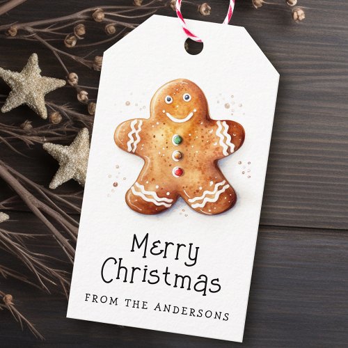 Cute gingerbread man Merry Christmas family name Gift Tags