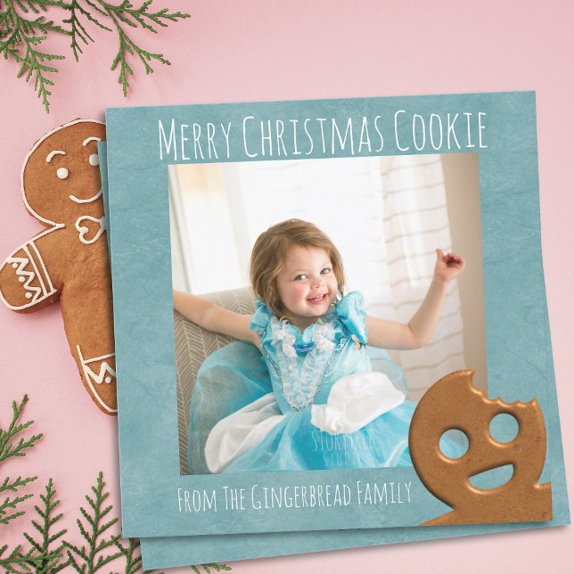 Cute Gingerbread Man Merry Christmas Holiday Card (Upload your cute cookie and add your family name to this teal holiday card)