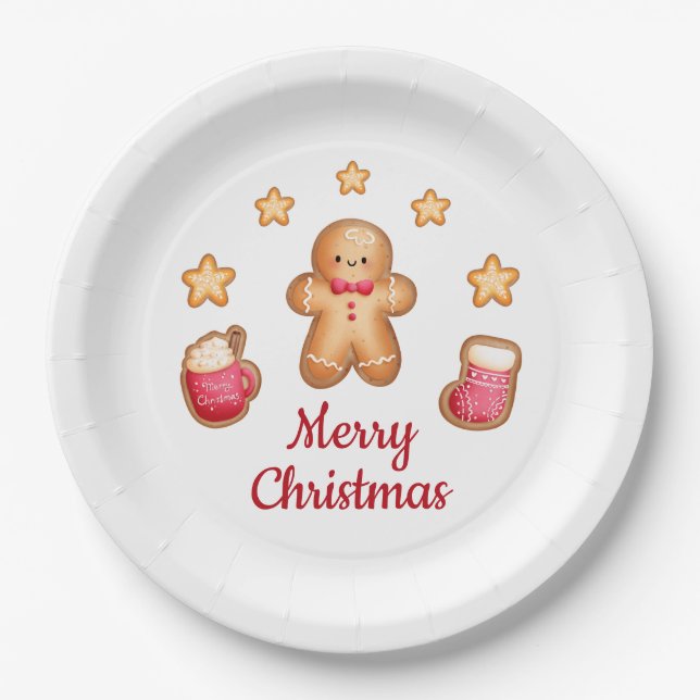 Cute Gingerbread Man Merry Christmas Paper Plates (Front)