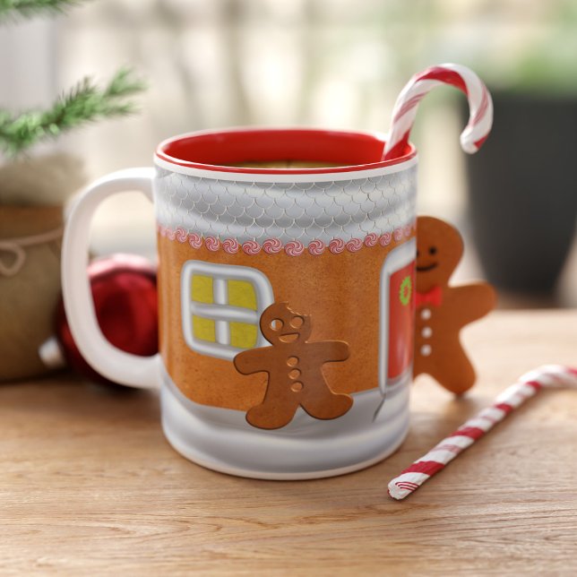 Cute Gingerbread Man Monogrammed Funny Christmas Two-Tone Coffee Mug (Add your initial to this cute gingerbread man house mug and fill with festive brews)