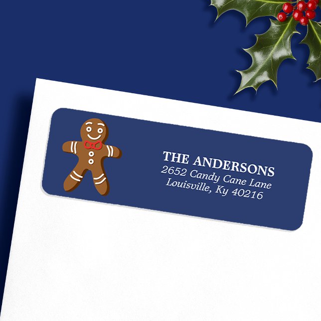 Cute Gingerbread Man Navy Christmas Address Label (Creator Uploaded)