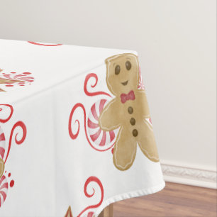 Cute Gingerbread Man & Peppermint Candy Christmas Tablecloth
