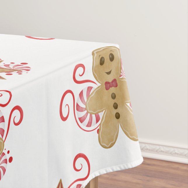 Cute Gingerbread Man & Peppermint Candy Christmas Tablecloth (In Situ)