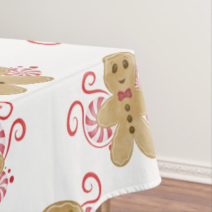 Cute Gingerbread Man & Peppermint Candy Christmas Tablecloth