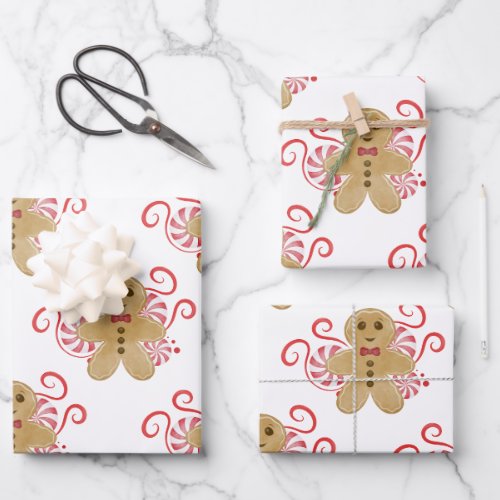 Cute Gingerbread Man  Peppermint Candy Christmas Wrapping Paper Sheets