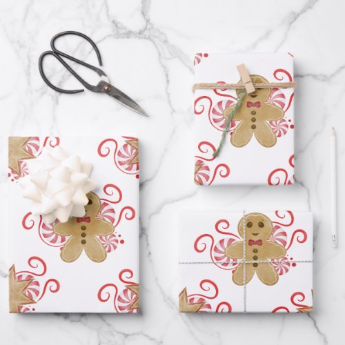 Cute Gingerbread Man  Peppermint Candy Christmas Wrapping Paper Sheets