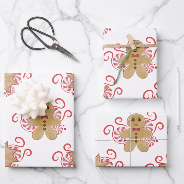 Cute Gingerbread Man & Peppermint Candy Christmas Wrapping Paper Sheets (Front)