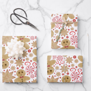 Cute Gingerbread Man & Peppermint Candy Christmas Wrapping Paper Sheets