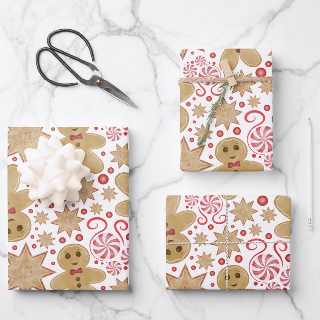 Cute Gingerbread Man & Peppermint Candy Christmas Wrapping Paper Sheets (Front)