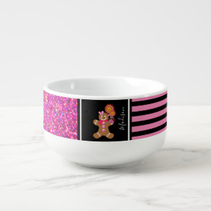 Cute Gingerbread Man Pink Glitter Name Cereal Bowl