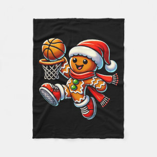 Cute Gingerbread Man Playing Basketball Christmas Fleece Blanket