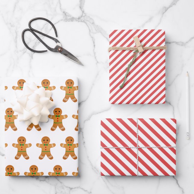 Cute Gingerbread Man & Red Striped Christmas Wrapping Paper Sheets (Front)