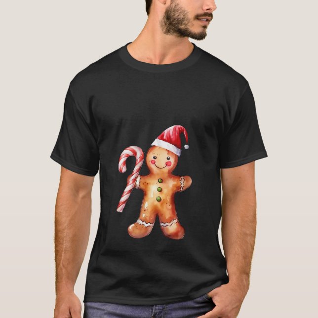Cute Gingerbread Man Santa Hat Candycane Christmas T-Shirt (Front)