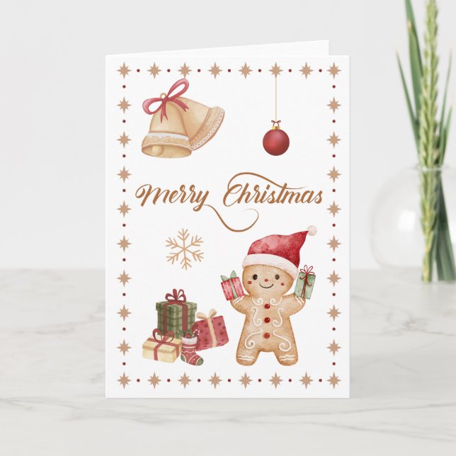 Cute Gingerbread Man Watercolor "Merry Christmas" Card (Front)