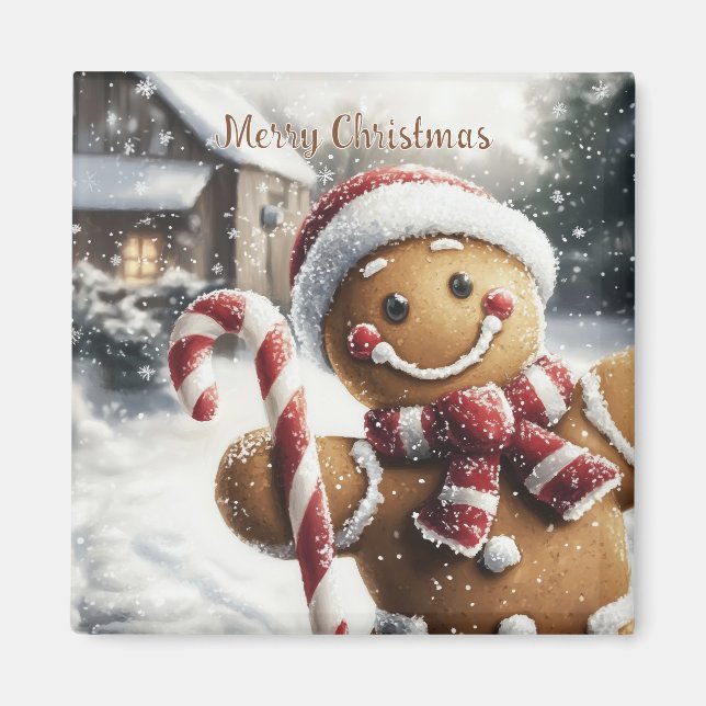 Cute Gingerbread Man with Candy Cane Magnet (Front)