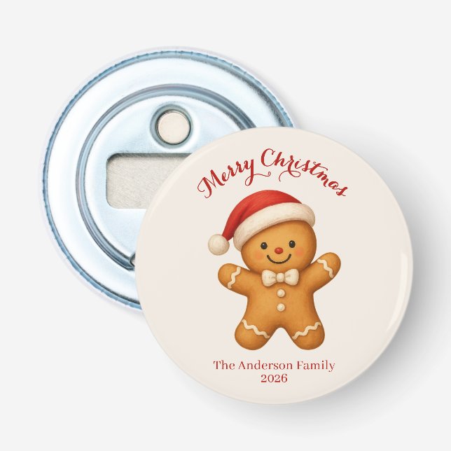 Cute Gingerbread Man with Santa Hat -  Bottle Opener (Front)