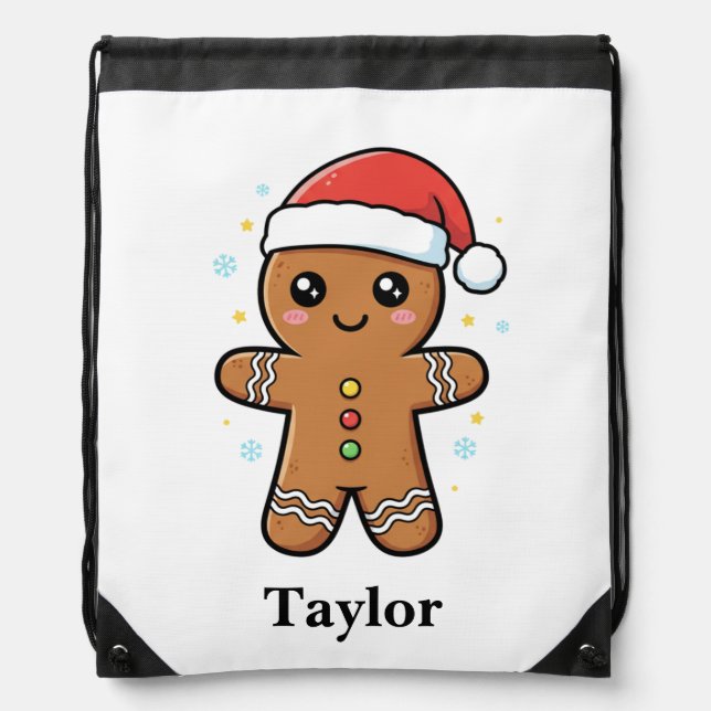 Cute Gingerbread Man with Santa Hat Christmas Drawstring Bag (Front)