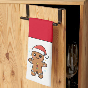Cute Gingerbread Man with Santa Hat Christmas Kitchen Towel