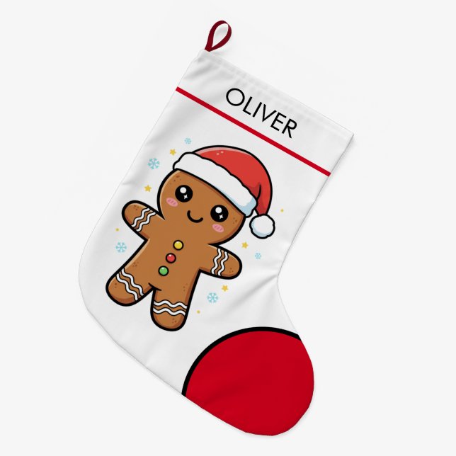 Cute Gingerbread Man with Santa Hat Christmas  Large Christmas Stocking (Front (Hanging))