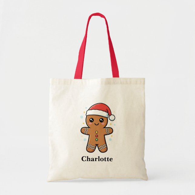 Cute Gingerbread Man with Santa Hat Christmas Tote Bag (Front)