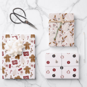 Cute Gingerbread Men and Christmas Balls Holiday Wrapping Paper Sheets