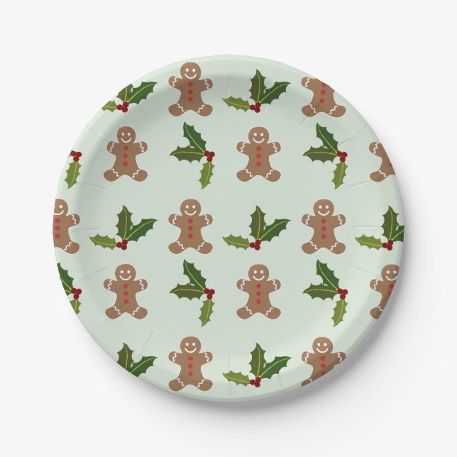 Cute Gingerbread Men and Holly Pattern Christmas Paper Plates (Front)