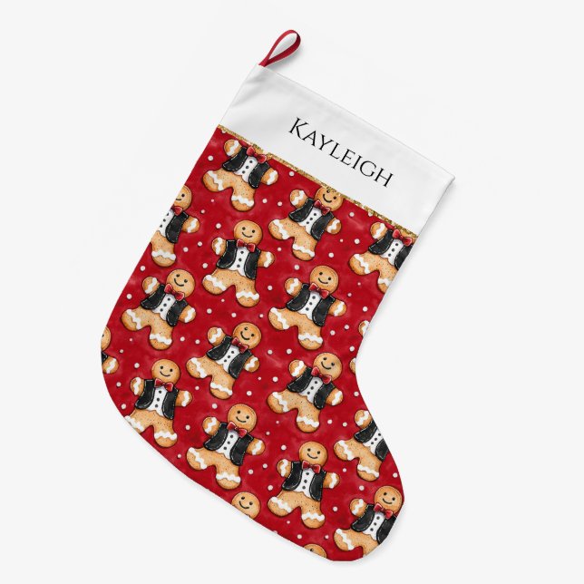 Cute Gingerbread Men in Tuxedos Christmas Large Christmas Stocking (Front (Hanging))