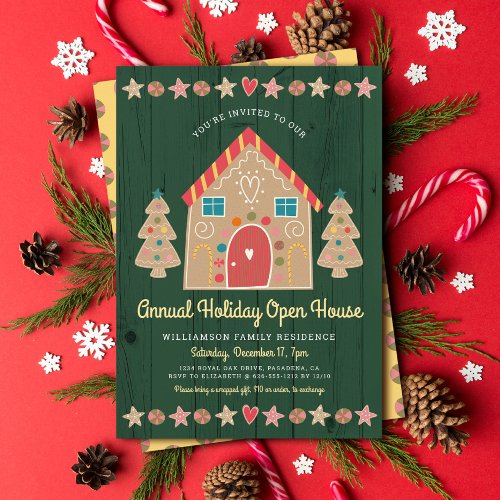 Cute Gingerbread Open House Green Rustic Christmas Invitation