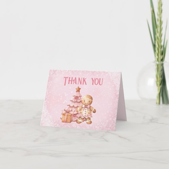 Cute Gingerbread Pink Girl Christmas Baby Shower Thank You Card (Front)