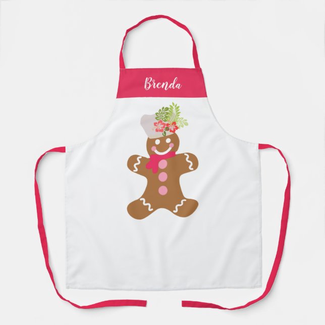 Cute Gingerbread Pink White Personalized Baking  Apron (Front)