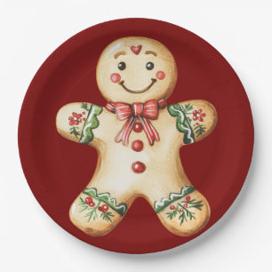 Cute Gingerbread Red Christmas Paper Plates