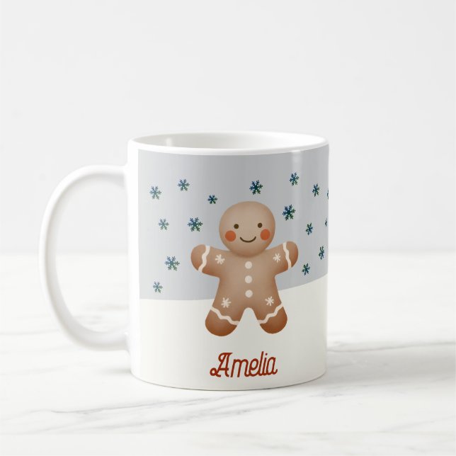 Cute Gingerbread Snowflakes Drawing Name Christmas Coffee Mug (Left)