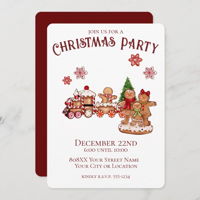 Cute Gingerbread Train and Family Christmas Party Invitation (Front/Back)
